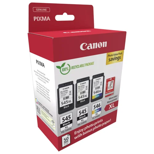 Canon PG-545XL x2/CL-546XL Inkjet Cartridge + Photo Paper Value Pack High Yield Blk/Colour 8286B015 - Canon - CO68004 - McArdle Computer and Office Supplies