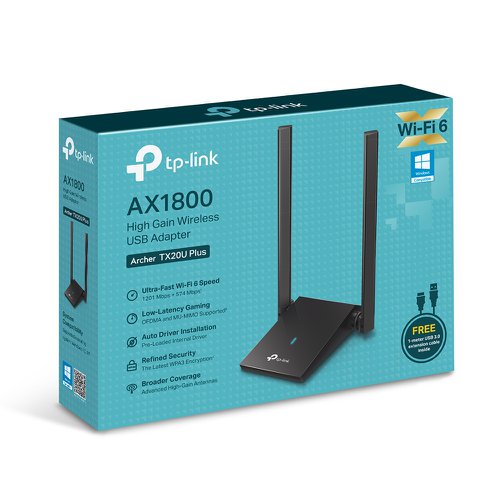 8TP10371541 | Forget about buying a new PC. TX20U Plus delivers powerful dual band WiFi 6 straight to your device for exceptional connectivity and speed up to 1800 Mbps.High-gain antennas combine with Beamforming to concentrate WiFi signals towards your router for better reception and reliable connections from far away.Experience flawless streams, gameplay, and uploads while your network simultaneously processes bandwidth for multiple devices.