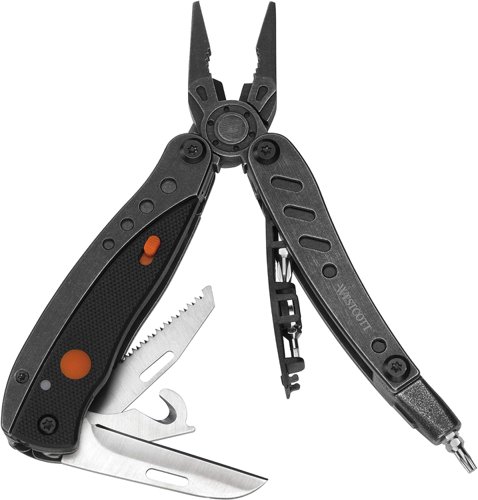 Made from stainless steel and ABS, this multi tool features pliers, pointed pliers and a wire cutter, with a removable tool unit which includes a stainless steel bottle opener, knife and saw blade. Packed with features, the foldable multi tool also includes 4 BITs and has an LED light which can be charged via an integrated USB port. Supplied complete with a black nylon bag, Wescott's multi tool is ideal for many tricky, everyday situations, fulfilling various tool capabilities in one functional, high quality design.