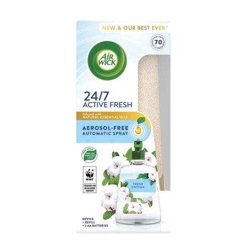 47893RH | Air Wick 24/7 Active Fresh is Air Wick’s first aerosol-free and best ever automatic air freshener. Our latest odour neutraliser is infused with natural essential oils for long lasting fragrance to tackle pet odour removal and banish bathroom smells and kitchen malodour for up to 70 days.