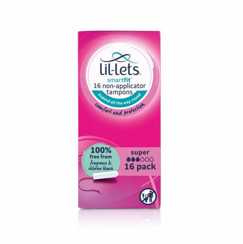 Lil-Lets non-applicator tampons in regular, for light to medium flow. The Smartfit design provides a tampon that expands all the way around for amazing comfort. With a rounded tip, to ensure insertion is easy and comfortable. Absorbency indicator string in pink, for easy size identification. 100% free from fragrance and chlorine bleach. 100% plant-based absorbent core.