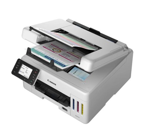 The Maxify GX6550 inkjet printer is ideal for businesses needing medium volume, speedy and cost effective daily colour printing. This compact 3-in-1 printer can print, copy and scan and cloud. With a rear tray with a maximum capacity of 100 sheets, a cassette with a maximum capacity of 250 sheets, and an automatic document feeder with 50 sheet capacity. Capable of up to 99 multiple copies. Can be set for copy quality: Economy, Standard and High. Providing (A4) 6,000 pages (economy mode 9,000 pages) and 14,000 pages (economy mode 21,000 pages) - Standard ink bottles Canon GI-56. Scanner is a flatbed (ADF/Platen) CIS colour scanner, with 1,200 x 1,200 dpi scanner resolution (optical). 33 languages selectable. Standard interface: Hi-speed USB (B Port), Ethernet, Wi-Fi, Wireless LAN frequency band: 2.4GHz, 5GHz and Administration password. Windows 10, Windows 8.1, Windows 7 SP1 - Operation can only be guaranteed on a PC with pre-installed Windows 7 or later. Software included: Printer Driver, IJ Printer Assistant Tool, Easy-PhotoPrint Editor (download). Uses standard Canon ink bottles: GI-56.