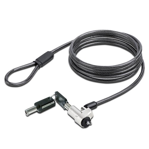 8ST10390068 | Laptop Cable Lock is compatible with Noble Wedge® slot, and it's designed to deter the theft of laptops and other ultra-slim notebooks. The laptop lock features a 6.5ft (2m) cut-resistant cable with a PVC coating, making it a durable and reliable solution for securing laptops. The lock body features zinc-alloy plating, which prevents corrosion and wear. The compact design of this lock is perfect for ultra-slim notebooks, 2-in-1 laptops, tablets, and many other devices that feature a Noble Wedge® slot.Full-Motion Lock DesignThe diameter of the lock body is 0.4in (11.6mm), with an off-centre lock tip that enables a slim laptop (e.g., Ultrabook) to lay flat when the lock is attached. Additionally, the lock head features both pivot and ball joints, allowing the lock to pivot 90° and rotate a full 360°.Flexible InstallationThe 6.5ft, 4.4mm cut-resistant steel cable can be routed through a grommet hole or wrapped around to the leg of a table. It is the ideal security lock for tradeshow/kiosk product exhibits, POS device protection, and office device security. Enhance the convenience and security of this product, using LTANCHOR or LTANCHORL (sold separately), to secure a device to a table or desk. The multitude of installation options ensures this lock will fit any application.The lock head features a spacer near the lock tip that protects the device from scuffing or denting the laptop's lock slot. The lock includes a set of two zinc alloy keys.