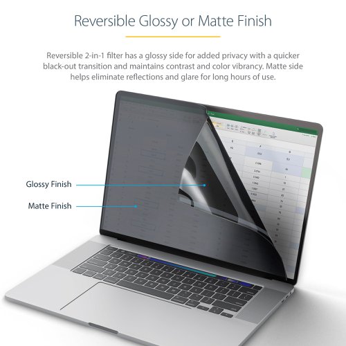 8ST10392583 | This laptop privacy screen is compatible with the 2021 and 2023 16” MacBook Pro laptops.Prevent Visual EavesdroppingThis privacy filter is a convenient and cost-effective solution to protect confidential data from unwanted viewers. The privacy shield darkens your MacBook's screen from the side while providing a clear viewing angle of 60 degrees (+/- 30 degrees from centre) to the user.Reversible FilterThe privacy screen protector is reversible, with a matte anti-glare side for environments prone to glare and a high-gloss side that helps retain colour vibrancy. The matte side provides additional screen protection with a fingerprint and scratch resistant coating. The privacy shield has a light transmittance of 57.5% providing optimal screen brightness and enhanced levels of privacy.Hassle-free InstallationThe privacy filter is an exact fit design that will not interfere with top-mounted webcams, sensors, or when closing the lid. Affix the privacy screen shield using the included transparent and residue-free adhesive strips.Blue Light ReductionReduce eye strain and improve visual comfort with this blue light reducing privacy shield. It blocks up to 51% of the blue light emitted from the display in the 380nm - 480nm wavelength range. Digital eye strain can lead to symptoms like headaches, dry eyes, and blurred vision.