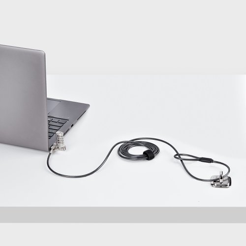 The Universal Laptop Lock is a versatile solution compatible with Noble Wedge®, K-Slot (T-Bar), or Nano, providing flexibility and convenience. With its on-the-fly lock tip change feature, you can quickly adapt the lock to different slot types. The cut-resistant steel security cable measures 6.5ft (2m) in length and 0.17in (4.4mm) thick, providing reach and durability. With the 3-in-1 Laptop Lock, protect your valuable devices wherever you go.Combination LockThe keyless cable lock allows you to set a personalized combination code, offering up to 10,000 combinations for increased security. The lock can withstand a pull force of 202 lb (91.6 kg) for K-slot, 164.4 lb (74.6 kg) for Nano, and 110.2 lb (50 kg) for Noble Wedge®, ensuring your computer or other devices remains safe from theft.Note: The pull force values mentioned may vary if the security slots do not comply with the design standards specified by their respective manufacturers.Widely CompatibleThe versatile security lock is not limited to laptops or notebooks only. Use this lock to secure other devices such as docking stations, monitors, printers, SFF computers, projectors, oscilloscopes, or other office and lab equipment, expanding its utility. The lock is future-proof as it works with previous and newer computers from various brands, including HP, Dell, Microsoft, and more. Different thickness spacers are provided to ensure a better fit for your device.Full-Motion Lock DesignThe diameter of the lock head is 0.4in (14mm) and features a ball joint design that allows for 360° rotation and 90° pivot of the lock head. This flexibility reduces coiling and minimizes strain on the notebook slot, enhancing durability and usability.