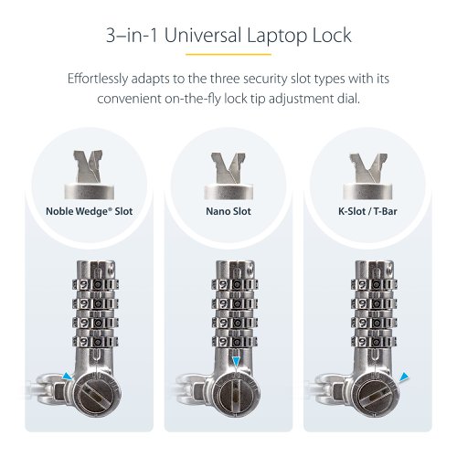 8ST10400011 | The Universal Laptop Lock is a versatile solution compatible with Noble Wedge®, K-Slot (T-Bar), or Nano, providing flexibility and convenience. With its on-the-fly lock tip change feature, you can quickly adapt the lock to different slot types. The cut-resistant steel security cable measures 6.5ft (2m) in length and 0.17in (4.4mm) thick, providing reach and durability. With the 3-in-1 Laptop Lock, protect your valuable devices wherever you go.Combination LockThe keyless cable lock allows you to set a personalized combination code, offering up to 10,000 combinations for increased security. The lock can withstand a pull force of 202 lb (91.6 kg) for K-slot, 164.4 lb (74.6 kg) for Nano, and 110.2 lb (50 kg) for Noble Wedge®, ensuring your computer or other devices remains safe from theft.Note: The pull force values mentioned may vary if the security slots do not comply with the design standards specified by their respective manufacturers.Widely CompatibleThe versatile security lock is not limited to laptops or notebooks only. Use this lock to secure other devices such as docking stations, monitors, printers, SFF computers, projectors, oscilloscopes, or other office and lab equipment, expanding its utility. The lock is future-proof as it works with previous and newer computers from various brands, including HP, Dell, Microsoft, and more. Different thickness spacers are provided to ensure a better fit for your device.Full-Motion Lock DesignThe diameter of the lock head is 0.4in (14mm) and features a ball joint design that allows for 360° rotation and 90° pivot of the lock head. This flexibility reduces coiling and minimizes strain on the notebook slot, enhancing durability and usability.