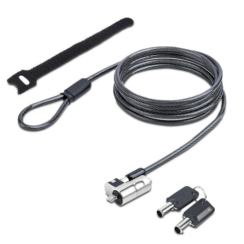 The Nano-Slot Laptop Lock is an anti-theft cut-resistant cable lock designed to deter the theft of laptops and other ultra-slim notebooks. The laptop lock features a 6.5ft (2m) cut-resistant cable with a PVC coating, making it a durable and reliable solution for securing laptops. The lock body features zinc-alloy plating, which prevents corrosion and wear. The compact design of this lock is perfect for ultra-slim notebooks, 2-in-1 laptops, tablets, and many other devices that feature a Nano-Slot.Full-Motion Lock DesignThe diameter of the lock head is 0.4in (12.5mm), with an off-centre lock tip that enables a ultrabook or slim laptops to lay flat when the lock is attached. Additionally, the lock head features both pivot and ball joints, allowing the lock to pivot 90° and rotate a full 360°.Keyed Anti-Theft Laptop LockKeyed anti-theft laptop lock has a push-to-lock system that allows for quick lock-unlock without the need to remember sequential numbers. It also features a spacer near the lock tip that protects the device from scuffing or denting the laptop's lock slot. The lock includes a set of two zinc alloy keys.Flexible InstallationThe 6.5ft, 4.4mm cut-resistant steel wire can be routed through a grommet hole or attached to the leg of a table. It is the ideal security lock for tradeshows, POS, kiosks, office security, and product exhibits. Enhance the convenience and security of this product, using LTANCHOR or LTANCHORL (sold separately), to secure a device to a table or desk. The multitude of installation options ensures this lock will fit any application.