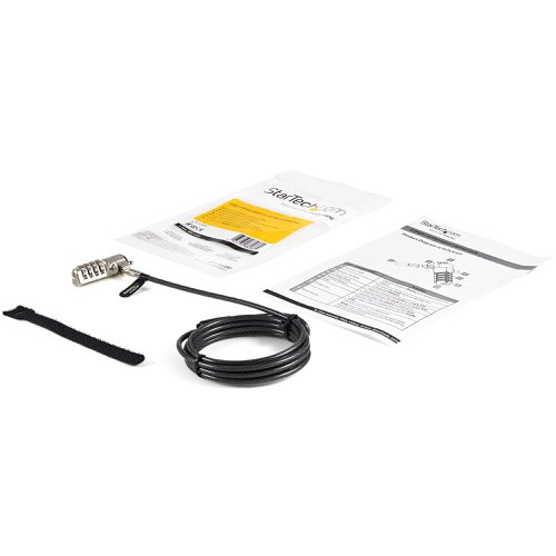 8ST10248587 | Protect your laptop, dock or other device against theft while enhancing productivity with this laptop cable lock, providing a full range of motion. The laptop anti-theft lock has a 4-digit resettable combination for enhanced security at the office or on the go.Offers Greater MotionWhile your laptop, dock or other device is secured with the locking cable, you can move your device freely. The swivel hinge allows motion in two directions - the hinge rotates 360 degrees around the lock head, and pivots 90 degrees for easy locking and unlocking.Resettable 4-Digit Combination LockChoose your own combination so you can remember it easily. Or, prevent others from knowing your passcode by changing it often. The 4-digit combination security cable lock is easy to change.Secure Your LaptopEnsure that your laptop or other device is protected wherever you work. The 2 m (6.5') locking cable helps to prevent theft in areas with high foot traffic including a wide range of retail, commercial, educational and institutional environments. The cable lock is compatible with devices equipped with the industry-standard Kensington lock slot (K-Slot).Versatile UseIdeal for use at the office or when travelling, the portable combination laptop lock features a strong vinyl-coated steel cable (4.4 mm diameter). To secure your device in different work spaces, the flexible steel cable bends easily to loop around a stationery post or object.The TAA compliant LTLOCK4D is backed by a StarTech.com 2-year warranty and free lifetime technical support.