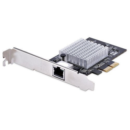 8ST10371905 | Install this single-port 10GbE PCI Express (PCIe) Network Interface Card (NIC) into a server or computer to enable faster network speeds and enhanced network functionality. This card supports six speeds: 10/5/2.5/1Gbps and 100/10Mbps. The variable speeds permit access to legacy hardware. Alternatively, the 10GBASE-T and NBASE-T capabilities ensure compatibility with the latest network switches and network access points manufactured by Cisco®, HPE®, and Juniper®.Increased Network SpeedsThis PCIe network card provides access to increased bandwidth. It reduces network slowdown/degradation when running data-intensive applications/processes such as FTPs, online storage/backup, and when streaming online content.NBASE-T technology maximizes the capability of Cat5e copper cabling over at distances of up to 100 meters. The Ethernet network card supports a 10 Gbps connection over copper using existing Cat6 (or better) copper cabling.Enhance Existing HardwareThe Network Interface Card connects via an available PCI Express x2 3.0/4.0 (or higher) expansion slot. The card is shipped with a standard-profile bracket and includes a low-profile bracket for installation in various systems. This card is compatible with Windows, Windows Server, and Linux.Take advantage of advanced features such as Audio-Video Bridging (AVB), VLAN tagging, 16 K jumbo frame, full-duplex, secure boot, and PXE.The PCI Express 10G NIC is backed for 2-years, including free lifetime 24/5 multi-lingual technical assistance.
