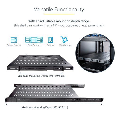 StarTech.com 1U 4-Post Adjustable Vented Server Rack Mount Shelf Maximum Weight 150kg 8ST10016527