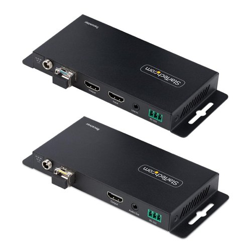 8ST10386443 | This HDMI over Fiber Extender Kit extends an Ultra HD (UHD) 4K 60Hz HDMI signal, with 7.1ch audio, up to 3300ft over Single Strand LC fibber cable. This converter kit includes both the transmitter and receiver for a complete end-to-end solution.This HDMI extender works over Single Mode or Multimode fibber cabling, allowing the utilization of existing fibber infrastructure. The single strand optical fibber provides full-bandwidth video while being immune to Electro-Magnetic Interference (EMI), making it ideal for use in challenging environments.Audio extraction functionality enables playback of the HDMI source audio via the 3.5mm audio output on the receiver unit. Simultaneous audio playback across both HDMI and 3.5mm outputs is supported, providing flexibility for a variety of audio setups.The point-to-point connection, using LC single strand fibber between the A/V transmitter and receiver, eliminates the need for IP configuration, drivers, or network equipment. The HDMI extension kit features a durable steel housing with built-in mounting brackets, allowing for a tidy and secure installation.The HDMI over Fiber kit features a local HDMI output and IR/serial extension for a convenient and versatile setup. Ideal for setups that include projectors with RS232 controls, or A/V equipment with IR remote controls. The enhanced EDID Copy functions ensure the correct display information is used during the setup process. LED indicators allow for status monitoring. 8kV air and 6kV contact Electrostatic Discharge (ESD) protection ensures the safety and longevity of the equipment.