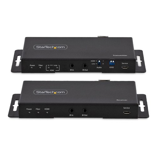 This HDMI over Fiber Extender Kit extends an Ultra HD (UHD) 4K 60Hz HDMI signal, with 7.1ch audio, up to 3300ft over Single Strand LC fibber cable. This converter kit includes both the transmitter and receiver for a complete end-to-end solution.This HDMI extender works over Single Mode or Multimode fibber cabling, allowing the utilization of existing fibber infrastructure. The single strand optical fibber provides full-bandwidth video while being immune to Electro-Magnetic Interference (EMI), making it ideal for use in challenging environments.Audio extraction functionality enables playback of the HDMI source audio via the 3.5mm audio output on the receiver unit. Simultaneous audio playback across both HDMI and 3.5mm outputs is supported, providing flexibility for a variety of audio setups.The point-to-point connection, using LC single strand fibber between the A/V transmitter and receiver, eliminates the need for IP configuration, drivers, or network equipment. The HDMI extension kit features a durable steel housing with built-in mounting brackets, allowing for a tidy and secure installation.The HDMI over Fiber kit features a local HDMI output and IR/serial extension for a convenient and versatile setup. Ideal for setups that include projectors with RS232 controls, or A/V equipment with IR remote controls. The enhanced EDID Copy functions ensure the correct display information is used during the setup process. LED indicators allow for status monitoring. 8kV air and 6kV contact Electrostatic Discharge (ESD) protection ensures the safety and longevity of the equipment.