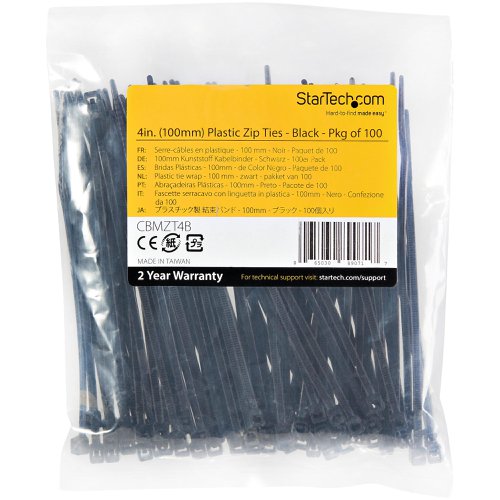These Small cable ties enable you to conveniently bundle and secure multiple cables, to route and organize them. 100 Black cable ties are included, ensuring you'll have plenty on hand.These plastic electrical cable wraps are 4” (10 cm) in length securing cable bundles up to 0.86” (22 mm) in diameter. They're quick and easy to install or remove, with adjustable tension and a basic one-piece design -- perfect for organizing network cables, power cables, or other cables at your home or office workstation.Made of durable Nylon 66 material, these cable ties are tough and flexible. They've been rigorously tested to support up to 18 lbs (8.2 kg) of weight & are UL94 V-2 fire rated, UL Approved, and CE & Lloyd's Register Certified.