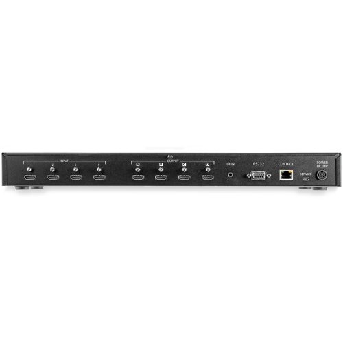 This 4x4 HDMI matrix switch lets you share four HDMI video sources between four independent displays or projectors, and switch between which source is active on each display device.The HDMI switcher box provides a high level of audio and video performance, with superior contrast and crisp, clear imagery. With support for resolutions up to 4K 60Hz (4:4:4 pixel format, 8-bit colour depth) and HDR, the matrix switch is ideal for conventions or trade shows, restaurants and classroom settings, as well as hospital/medical applications.Plus, the 4K 60Hz HDMI switch is backward compatible with earlier versions of HDMI, so it's easy to use with your existing devices and displays.This 4x4 matrix switch is equipped with convenient push-button switching, WebGUI and RS232 control, and also features a front-panel LED display for easy status monitoring.The HDMI switch box enables you to switch each input, meaning that different A/V sources can be shown on each output, or a single source can be output to all displays.The matrix switcher includes a remote control and IR extender module that provides simple control from a distance, and is designed to save space with a standalone or rack-mounting option (ear-mounts included).