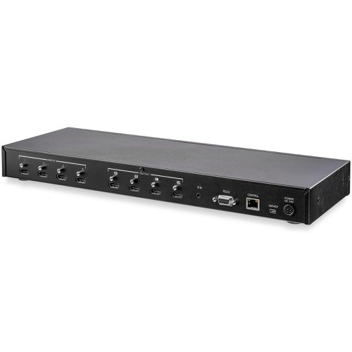 8ST10252472 | This 4x4 HDMI matrix switch lets you share four HDMI video sources between four independent displays or projectors, and switch between which source is active on each display device.The HDMI switcher box provides a high level of audio and video performance, with superior contrast and crisp, clear imagery. With support for resolutions up to 4K 60Hz (4:4:4 pixel format, 8-bit colour depth) and HDR, the matrix switch is ideal for conventions or trade shows, restaurants and classroom settings, as well as hospital/medical applications.Plus, the 4K 60Hz HDMI switch is backward compatible with earlier versions of HDMI, so it's easy to use with your existing devices and displays.This 4x4 matrix switch is equipped with convenient push-button switching, WebGUI and RS232 control, and also features a front-panel LED display for easy status monitoring.The HDMI switch box enables you to switch each input, meaning that different A/V sources can be shown on each output, or a single source can be output to all displays.The matrix switcher includes a remote control and IR extender module that provides simple control from a distance, and is designed to save space with a standalone or rack-mounting option (ear-mounts included).