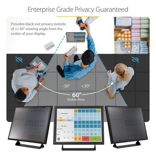 8ST10393168 | Monitor privacy screen features a universal design compatible with 19'' 5:4 aspect ratio monitors. The anti-glare design provides visual comfort while reducing the adverse effects of blue light emitted from the display. Reversible design allows you to quickly adjust to different light conditions throughout the day.Prevent Visual EavesdroppingThis privacy filter is a convenient and cost-effective solution to protect confidential data from unwanted viewers. The privacy shield darkens your computer's screen from the side while providing a clear viewing angle of 60 degrees (+/- 30 degrees from centre) to the user.Reversible FilterThe privacy screen protector is reversible, with a matte anti-glare side for environments prone to glare and a high-gloss side that helps retain colour vibrancy. The matte side provides additional screen protection with a fingerprint and scratch resistant coating. The privacy shield has a light transmittance of 57.5% providing optimal screen brightness and enhanced levels of privacy.Hassle-free InstallationAffix the privacy screen shield using the provided residue-free transparent adhesive strips or the side mounting tabs. The cutout on the top corner of the privacy screen makes it easy to remove for sharing content with trusted audiences or switching between the matte and glossy finishes.Blue Light ReductionReduce eye strain and improve visual comfort with this blue light-reducing privacy shield. It blocks up to 51% of the blue light emitted from the display in the 380nm - 480nm wavelength range. Digital eye strain can lead to symptoms like headaches, dry eyes, and blurred vision.
