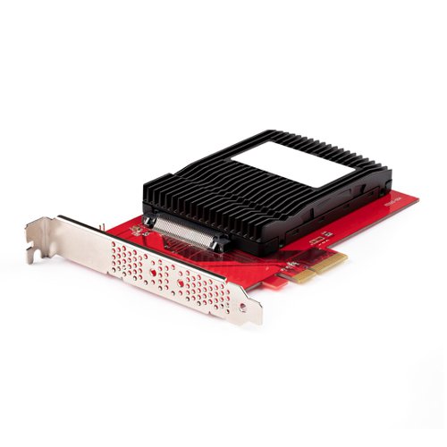 8ST10392584 | Add a 2.5 inch U.3 NVMe SSD into a PCIe 4.0 x4/x8/x16 slot in a desktop or server using the included screws, enabling ultra-fast data access.Add U.3 Capabilities to a Desktop or ServerInstall an SFF-TA-1001 SSD into a desktop or server using an available PCI Express 4.0 slot. The pre-installed full-profile bracket and included drive mounting screws enable the connection of a U.3 NVMe drive to a PCIe slot, avoiding the need for a drive backplane or additional cables. This adapter is not compatible with U.2 drives.Universal CompatibilityThe Adapter Card is backward compatible with motherboards that feature x4, x8, and/or x16 PCIe 3.0 slots. The U.3 Adapter requires no additional drivers or software and works with all workstation and server operating systems, such as Windows, Windows Server, and Linux.Optimal Airflow and Reliable PerformanceThe vented full-profile bracket and a large cutout in the PCB allow for better airflow and heat dissipation, which helps maintain optimal and reliable performance while avoiding thermal throttling.