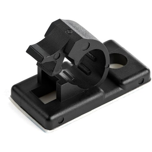 8ST10312721 | These self adhesive one-piece black cable clamps provides an easy way to secure and organize cables in multiple locations. 100 Black cable clips are included, ensuring you'll have plenty on hand.The cable clips support a 0.21 in. (5.5 mm) cable bundle diameter and mount to any wall with the included 3M adhesive backing. There's also a 0.20 in. (5 mm) mounting hole for added strength. The one-piece cable clamp can be opened and repurposed with different cables.Made of durable black nylon 66 material and featuring a strong 3M adhesive sticky backing these cable holders are UL94 V-2 fire rated at up to 85°C.