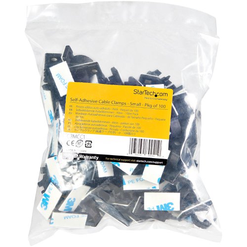 8ST10312721 | These self adhesive one-piece black cable clamps provides an easy way to secure and organize cables in multiple locations. 100 Black cable clips are included, ensuring you'll have plenty on hand.The cable clips support a 0.21 in. (5.5 mm) cable bundle diameter and mount to any wall with the included 3M adhesive backing. There's also a 0.20 in. (5 mm) mounting hole for added strength. The one-piece cable clamp can be opened and repurposed with different cables.Made of durable black nylon 66 material and featuring a strong 3M adhesive sticky backing these cable holders are UL94 V-2 fire rated at up to 85°C.