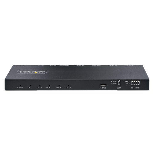 8ST10369929 | This 4-port HDMI splitter with built-in scaler connects an HDMI video source to four HDMI displays, with support for UHD 4K resolutions, HDR (High Dynamic Range), and 7.1 channel audio.This 4-way HDMI splitter supports up to 4K 60Hz resolution, at 4:4:4 chroma subsampling. The built-in scaler enables  the concurrent output of 2 resolutions, ideal for environments where there is a variety of displays, monitors, and projectors.This 4K HDMI Splitter features HDMI, 3.5mm, and Optical audio outputs, enabling connections to a variety of speakers and/or amplifiers. Simultaneous audio output is supported across all the audio ports.This HDMI splitter supports active HDMI cables and HDMI extenders (sold separately), facilitating installations at a distance from the displays (e.g., within a remote AV component cabinet). The metal enclosure and 8kV air and 4kV contact Electro-static Discharge (ESD) protection is suitable for installation in a variety of environments.