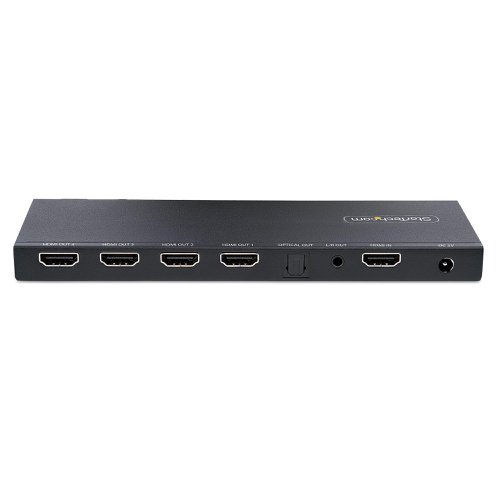 This 4-port HDMI splitter with built-in scaler connects an HDMI video source to four HDMI displays, with support for UHD 4K resolutions, HDR (High Dynamic Range), and 7.1 channel audio.This 4-way HDMI splitter supports up to 4K 60Hz resolution, at 4:4:4 chroma subsampling. The built-in scaler enables  the concurrent output of 2 resolutions, ideal for environments where there is a variety of displays, monitors, and projectors.This 4K HDMI Splitter features HDMI, 3.5mm, and Optical audio outputs, enabling connections to a variety of speakers and/or amplifiers. Simultaneous audio output is supported across all the audio ports.This HDMI splitter supports active HDMI cables and HDMI extenders (sold separately), facilitating installations at a distance from the displays (e.g., within a remote AV component cabinet). The metal enclosure and 8kV air and 4kV contact Electro-static Discharge (ESD) protection is suitable for installation in a variety of environments.