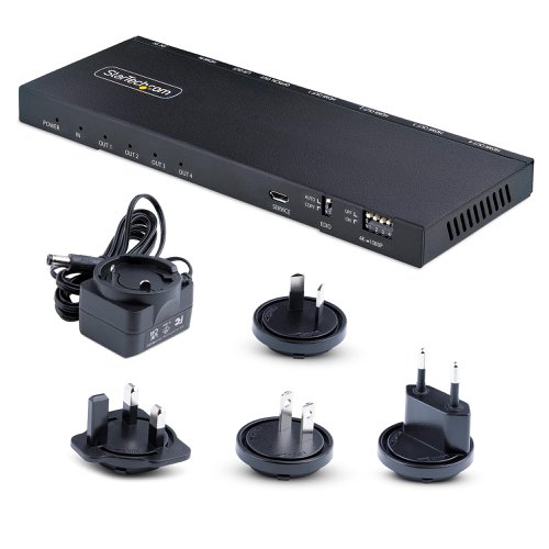 This 4-port HDMI splitter with built-in scaler connects an HDMI video source to four HDMI displays, with support for UHD 4K resolutions, HDR (High Dynamic Range), and 7.1 channel audio.This 4-way HDMI splitter supports up to 4K 60Hz resolution, at 4:4:4 chroma subsampling. The built-in scaler enables  the concurrent output of 2 resolutions, ideal for environments where there is a variety of displays, monitors, and projectors.This 4K HDMI Splitter features HDMI, 3.5mm, and Optical audio outputs, enabling connections to a variety of speakers and/or amplifiers. Simultaneous audio output is supported across all the audio ports.This HDMI splitter supports active HDMI cables and HDMI extenders (sold separately), facilitating installations at a distance from the displays (e.g., within a remote AV component cabinet). The metal enclosure and 8kV air and 4kV contact Electro-static Discharge (ESD) protection is suitable for installation in a variety of environments.