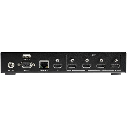 This video wall controller lets you connect your HDMI video source to multiple HDMI displays, with support for Ultra HD resolutions and 7.1 surround sound audio. You can use the controller as a video splitter to distribute the same HDMI signal to four displays or you can combine your video source across four displays to create a 2x2 video wall.Not all 2x2 video wall matrix controllers are created equal. While some HDMI 1.4 video wall controllers can achieve 4K resolutions, they'll only work at a 30Hz refresh rate. This 4K 60Hz HDMI video wall processor offers full support for HDMI 2.0, including true 4K resolution at 60Hz.The HDMI video wall splitter supports HDCP 2.2 and is backward compatible with 4K 30Hz and 1080p displays. This ensures that it will work with lower resolution displays such as TVs around your site or in your digital signage application.For hassle-free setup, the 4K HDMI splitter offers easy plug-and-play installation. Simply connect your source and 4 displays and the 4k video wall splitter will automatically create a video wall at the appropriate resolution.