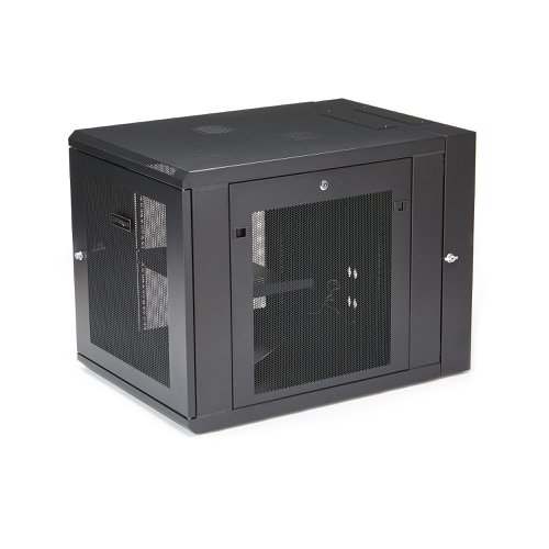 8ST10181179 | This 12U server or network rack cabinet lets you mount your EIA-310 compliant equipment to the wall, in a secure enclosure that has a hinged rear door for easy access to your equipment. The enclosure features adjustable mounting depth from 3 to 23.8 in. to provide a robust storage solution for your rack-mount equipment.To provide secure stability for your heaviest equipment, this rack offers 4-post mounting, supporting a higher weight capacity per U than 2-post racks and supporting a total load capacity of up to 200 lb. (90 kg).Save space in your office or server roomSave valuable floor space by wall-mounting the enclosure. The wall-mounted design makes this enclosure the ideal solution for optimizing equipment storage in your classroom, retail store, server room or office. This rack also includes a 1U shelf that gives you a stable surface for placing equipment that's not rack-mountable or storing your tools.Easily access your servers and network equipmentThe wall-mount network rack makes it easy to access your equipment and cabling, with a rear hinge that swings the enclosure away from the wall. By flipping the enclosure 180 degrees upon installation, you can reverse the direction of the hinge so that the enclosure can swing open from left or the right, depending on your preference.The 12U network cabinet features a removable and reversible front door and removable side panels, each with quick-release mechanisms, so you can easily access your equipment. Plus, each door and panel on this rack features an independent lock, ensuring your equipment is secure.For hassle-free cable management, the rack includes a 3 meter roll of hook-and-loop cable tie that makes it easy to keep your cables neat and tidy by binding them together or binding them to the rack. The self-gripping fabric can be cut to any size, enabling a wrap-around solution for the cables of any rack-mount equipment.Securely protect your equipmentThis server rack enclosure features heavy-duty steel construction, with lockable doors at all entrances. The enclosure is 33.4 in. deep to maximize compatibility with your deeper rack-mountable equipment.To ensure your equipment is running at an optimal temperature, the server rack/cabinet promotes passive cooling. It features mesh doors and vented top and bottom panels for maximum airflow.For simple and sturdy mounting, the rack's mounting holes are positioned 16 in. apart, so you can securely attach it to a wall using wall studs.