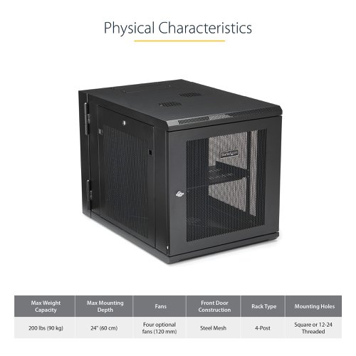 StarTech.com 12U 19 Inch Wall Mount Network Cabinet 4 Post 24 Inch Deep Hinged Server Room Data Cabinet with Hinge