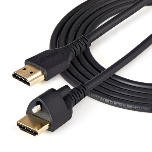 This 1-meter HDMI® cable with a removable locking screw on one of the male connectors ensures premium video quality, enhanced reliability and ease of installation.The cable features a high-retention HDMI top screw locking connector with slot that fastens firmly to a wide range of top screw type HDMI female ports. This helps to prevent accidental disconnections and signal loss.The cable supports resolutions of up to 4K@60Hz (3840x2160p) and bandwidths of up to 18Gbps. It also supports HDR (High Dynamic Range) for higher contrast ratio and vivid colours.With higher resolutions, increased speeds, and sharper images, you can expect an enhanced video experience. The cable is guaranteed to provide the very best HDMI performance available today. It's the perfect cable for creating the ultimate home theatre or for providing lifelike digital signage.Plus, the cable also supports up to 32 uncompressed digital audio channels to provide crystal-clear sound. The cable is also backward compatible with previous HDMI specifications and will work with all of your existing HDMI devices.Secure your connections and avoid signal lossThe top screw locking HDMI connectors are ideal for high traffic applications or in environments where vibrations could cause accidental disconnects and picture loss. It works perfectly with wall-mounted equipment and in situations where equipment is frequently moved.