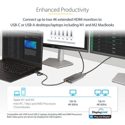 8ST10390869 | The USB video adapter features USB Power Delivery (PD) 3.0 pass-through (up to 100W), enabling powering and charging of a laptop when connected to a USB-C power adapter. The adapter runs on USB bus-power when no USB-C power adapter is connected. PD 3.0 features Fast Role Swap (FRS) that prevents USB data disruption when USB-C power is disconnected and the adapter switches to USB bus power.The USB multi-monitor adapter is DisplayLink Certified and supports high-performance dual-monitor 4K 60Hz video resolutions with an integrated DisplayLink DL-6950 Controller.The USB video adapter is compatible with Windows, macOS, Ubuntu, and Chrome OS. The integrated USB-C to USB-A adapter enables the flexibility of connecting to any host that is running a compatible operating system. The built-in 1ft (30cm) USB-C/A cable is ideal for on the go use. The length of the cable and the strain reliefs reduce connector/port strain.
