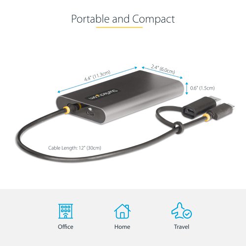 The USB video adapter features USB Power Delivery (PD) 3.0 pass-through (up to 100W), enabling powering and charging of a laptop when connected to a USB-C power adapter. The adapter runs on USB bus-power when no USB-C power adapter is connected. PD 3.0 features Fast Role Swap (FRS) that prevents USB data disruption when USB-C power is disconnected and the adapter switches to USB bus power.The USB multi-monitor adapter is DisplayLink Certified and supports high-performance dual-monitor 4K 60Hz video resolutions with an integrated DisplayLink DL-6950 Controller.The USB video adapter is compatible with Windows, macOS, Ubuntu, and Chrome OS. The integrated USB-C to USB-A adapter enables the flexibility of connecting to any host that is running a compatible operating system. The built-in 1ft (30cm) USB-C/A cable is ideal for on the go use. The length of the cable and the strain reliefs reduce connector/port strain.