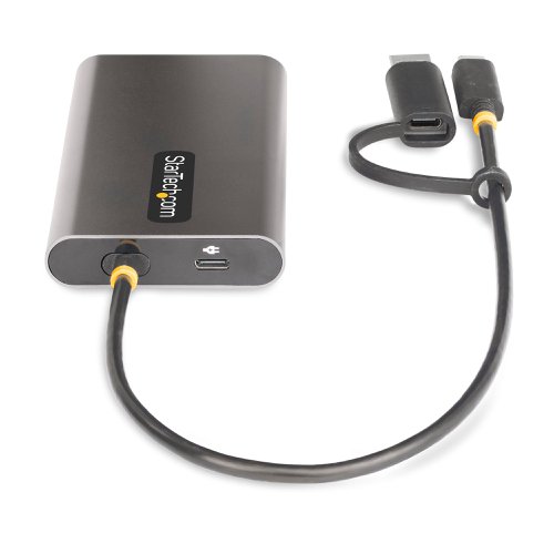The USB video adapter features USB Power Delivery (PD) 3.0 pass-through (up to 100W), enabling powering and charging of a laptop when connected to a USB-C power adapter. The adapter runs on USB bus-power when no USB-C power adapter is connected. PD 3.0 features Fast Role Swap (FRS) that prevents USB data disruption when USB-C power is disconnected and the adapter switches to USB bus power.The USB multi-monitor adapter is DisplayLink Certified and supports high-performance dual-monitor 4K 60Hz video resolutions with an integrated DisplayLink DL-6950 Controller.The USB video adapter is compatible with Windows, macOS, Ubuntu, and Chrome OS. The integrated USB-C to USB-A adapter enables the flexibility of connecting to any host that is running a compatible operating system. The built-in 1ft (30cm) USB-C/A cable is ideal for on the go use. The length of the cable and the strain reliefs reduce connector/port strain.