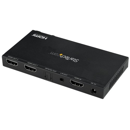 8ST10296556 | This 2-port HDMI splitter lets you connect your HDMI video source to two HDMI displays, with support for Ultra HD resolutions and HDR (High Dynamic Range) as well as 7.1 surround sound audio.This 2 way HDMI splitter offers full support for your HDMI 2.0b equipment, including true 4K resolution at 60Hz. For smoother video and colour transitions, the splitter offers 4:4:4 chroma subsampling, meaning every pixel gets its own unique colour.The HDMI 2.0 splitter supports HDCP 2.2 and is backward compatible with 4K 30Hz, 1080p and 720p displays. This ensures that it will work with lower resolution displays such as TVs or projectors around your site or in your digital signage application. With the built-in scaling function, the HDMI 1 in 2 out splitter can output to two displays at different resolutions simultaneously.