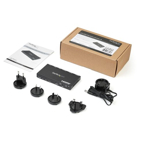 This 2-port HDMI splitter lets you connect your HDMI video source to two HDMI displays, with support for Ultra HD resolutions and HDR (High Dynamic Range) as well as 7.1 surround sound audio.This 2 way HDMI splitter offers full support for your HDMI 2.0b equipment, including true 4K resolution at 60Hz. For smoother video and colour transitions, the splitter offers 4:4:4 chroma subsampling, meaning every pixel gets its own unique colour.The HDMI 2.0 splitter supports HDCP 2.2 and is backward compatible with 4K 30Hz, 1080p and 720p displays. This ensures that it will work with lower resolution displays such as TVs or projectors around your site or in your digital signage application. With the built-in scaling function, the HDMI 1 in 2 out splitter can output to two displays at different resolutions simultaneously.