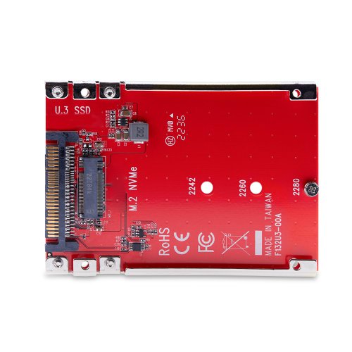 8ST10394517 | Convert and connect a PCIe M.2 NVMe/AHCI SSD to a 2.5inch form factor to install in a U.3 drive bay or backplane.Change the form factor of a 2242, 2260, or 2280 M.2 NVMe drive while maintaining PCIe Gen 4 read and write speeds. This adapter has been designed with no chipset to maintain performance when adapting an M.2 drive to a 2.5-inch form factor.The M.2 to U.3 Host Adapter is compatible with all operating systems, including Windows, macOS, and Linux. No additional drivers or software for installation and operation. The adapter includes M.2 drive and U.3 adapter mounting hardware.
