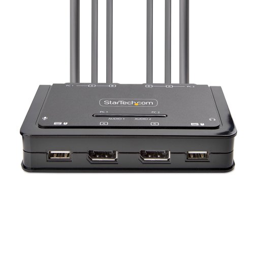 This Dual-Monitor KVM Switch enables users to switch between two USB-A and DisplayPort enabled desktops, sharing dual-4K 60Hz DisplayPort monitors, a keyboard and mouse, and audio input/output devices.Hassle-Free SetupThe KVM switch is bus powered and features built-in dual-DisplayPort, USB-A, and 3.5mm Audio Input/Output cables. This ensures compatibility and performance between the KVM switch, monitors, and peripherals - without the need to select and purchase the cables required for those connections.CompatibilityThe 2-port KVM switch is compatible with all operating systems, including Windows, macOS, ChromeOS, and Linux. The KVM works with all hardware platforms including Intel, AMD, and Apple M1/M2.Intuitive ControlThe KVM switch offers two options to switch between hosts - a remote push button or hotkey commands, using the downloadable software. The remote push button includes a 1.5m cable for optimal placement in the setup. Independent audio switching can be achieved through the software, utilizing keyboard shortcuts (i.e., hotkeys), ensuring uninterrupted audio when switching between host devices.