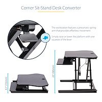 StarTech.com Height Adjustable Ergonomic Corner Sit Stand Desk Converter with Keyboard Tray 35 x 21 Inches Large Surface