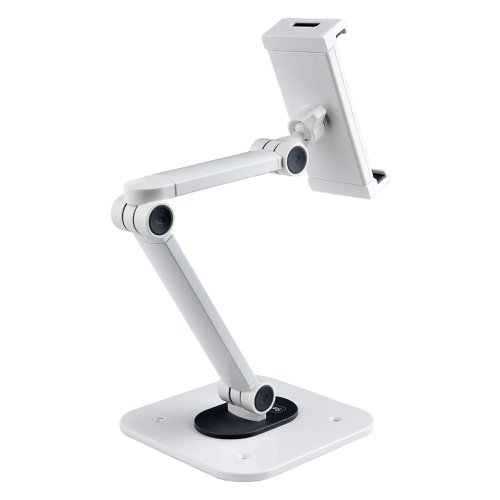 8ST10378494 | Seamlessly incorporate a tablet into a workspace using this ergonomic adjustable tablet stand. Change tablet's position within the clamp to an angle that caters to the user's viewing needs. The stand for tablets features anti-slip pads on the clamp and underneath the base to protect the device and the working surface. Mount the base onto a desk using the included 4.2x19mm wood screws. The clamp supports tablets that feature a width of 5 to 8.8in (12.8 to 22.4cm) wide, 0.4in (1.0cm) thick, and a maximum weight of 2.2lb (1kg). The tablet stand holder ships fully assembled for quick deployment into customer-facing environments and Point-of-Sale applications.Adjust the Viewing AngleThe jointed arm allows to adjust the height up to 18.5in (47cm) from the base and allows for various angle adjustments. The adjustable ball joint located at the end of the arm enables +/-52° swivel and 360° rotation for horizontal/vertical viewing. The elbow behind the ball joint provides +210° / -60° of tilt. The design of the Clamp does not block the ports, front-facing camera, or buttons, allowing users to take advantage of the features of a tablet.Hassle-Free DeploymentThe stand for tablets ships fully assembled for fast implementation and requires little to no setup for minimum downtime. The base features mounting holes for desk or wall installation (wood screws included). When the device's safety is a concern, the optional parts KSLTAD and LTLOCK3DCOIL (sold separately) provide anti-theft protection.Use this tablet stand to effortlessly integrate a tablet on POS kiosks, retail, classrooms, hospitality services, boardrooms, food delivery services, and inventory sign-off.CompatibilityThe Tablet Holder is compatible with iPads such as the 10.2'' iPad, 11'' and 12.9'' iPad Pro, 10.9'' iPad Air, 7.9'' iPad mini, Samsung Galaxy Tab S9, and other tablets.The Adjustable Tablet Stand is backed for five years, including free lifetime 24/5 multi-lingual technical assistance.