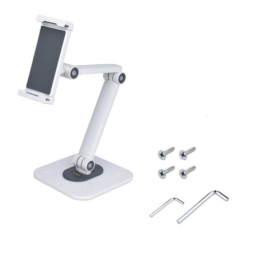 Seamlessly incorporate a tablet into a workspace using this ergonomic adjustable tablet stand. Change tablet's position within the clamp to an angle that caters to the user's viewing needs. The stand for tablets features anti-slip pads on the clamp and underneath the base to protect the device and the working surface. Mount the base onto a desk using the included 4.2x19mm wood screws. The clamp supports tablets that feature a width of 5 to 8.8in (12.8 to 22.4cm) wide, 0.4in (1.0cm) thick, and a maximum weight of 2.2lb (1kg). The tablet stand holder ships fully assembled for quick deployment into customer-facing environments and Point-of-Sale applications.Adjust the Viewing AngleThe jointed arm allows to adjust the height up to 18.5in (47cm) from the base and allows for various angle adjustments. The adjustable ball joint located at the end of the arm enables +/-52° swivel and 360° rotation for horizontal/vertical viewing. The elbow behind the ball joint provides +210° / -60° of tilt. The design of the Clamp does not block the ports, front-facing camera, or buttons, allowing users to take advantage of the features of a tablet.Hassle-Free DeploymentThe stand for tablets ships fully assembled for fast implementation and requires little to no setup for minimum downtime. The base features mounting holes for desk or wall installation (wood screws included). When the device's safety is a concern, the optional parts KSLTAD and LTLOCK3DCOIL (sold separately) provide anti-theft protection.Use this tablet stand to effortlessly integrate a tablet on POS kiosks, retail, classrooms, hospitality services, boardrooms, food delivery services, and inventory sign-off.CompatibilityThe Tablet Holder is compatible with iPads such as the 10.2'' iPad, 11'' and 12.9'' iPad Pro, 10.9'' iPad Air, 7.9'' iPad mini, Samsung Galaxy Tab S9, and other tablets.The Adjustable Tablet Stand is backed for five years, including free lifetime 24/5 multi-lingual technical assistance.