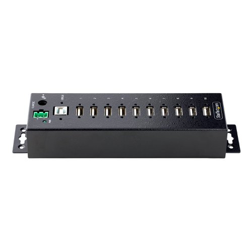 This TAA-compliant 10-port industrial USB 2.0 Hub delivers scalability and protection in harsh industrial environments by providing a high number of USB ports with ESD level 4 protection. The durable metal housing construction is ideal for industrial applications. For power connectivity, the Hub features power redundancy using the DC barrel plug and terminal block port. Finish the installation by mounting the Hub to a DIN rail using the included hardware or on a desk or wall with the built-in mounting brackets.Rugged ConstructionThis industrial USB 2.0 Hub delivers reliable performance in the most challenging conditions where operating temperatures range from 32 to 140°F (0 to 60°C) at 95% relative humidity.The ESD level 4 protection (15kV air and 8kV contact) ensures your equipment is protected from electrostatic damage. An external power source is required, 5 to 24V DC. Optionally, StarTech.com offers part ITB20D3250 to power the Hub via the 2-wire terminal block port.Connect 10 USB Type-A USB DevicesThe USB Hub features screw-lock USB ports for the upstream and downstream connections to prevent accidental disconnects. Driverless installation and OS-independent speed up any deployment ensuring little downtime and compatibility with many USB peripherals.The rugged USB Hub supports 480Mbps total bandwidth of USB 2.0 and is backward compatible with USB 1.1 and 1.0 devices.CompatibilityThe installation options include DIN rail mounting dual-bracket horizontal or single-bracket vertical and wall or desk mounting using the integrated mounting brackets. To finish the installation, the Hub includes a 6ft (1.8m) USB cable with screw-lock to prevent accidental disconnects during operation.The industrial USB hub is USB 2.0 compliant and supports DC and terminal block power inputs 5 to 24V DC that provide compatibility and flexibility in different scenarios such as product and repair labs, conference rooms, or office workstations.The 10-port Industrial Hub is backed for 2-years, including free lifetime 24/5 multi-lingual technical assistance.