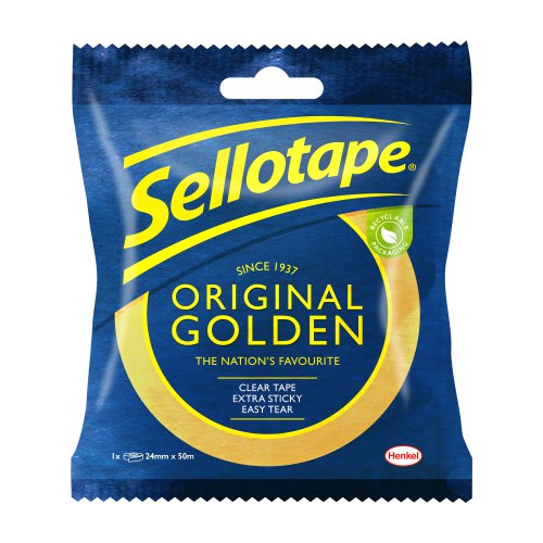 Sellotape Original Golden Tape Easy Tear Extra Sticky 24mm x 50m Clip Strip (Pack 12) - 2928293  48194HK