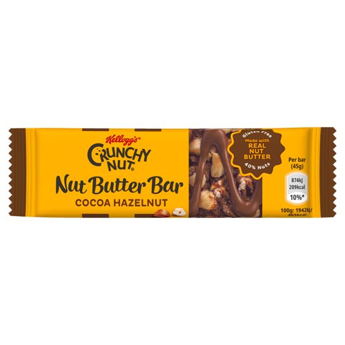 Kellogg's Crunchy Nut Cocoa Hazelnut Butter Bars are an irresistible, truly delicious snack that's perfect for a mid-morning nibble, afternoon snack, or something to munch on in the evening. Cocoa, hazelnut, wheat and oat cereal is condensed into a bar and dipped into a delicious smooth milk chocolate layer. No matter where you enjoy Kellogg's Crunchy Nut Cocoa Hazelnut Butter Bars you are sure to give your taste buds an unforgettable experience. Supplied in a retail display box. Ideal for a variety of retail or catering settings. Made with real nut butter. High protein. Suitable for vegetarians. Halal - HFA approved.