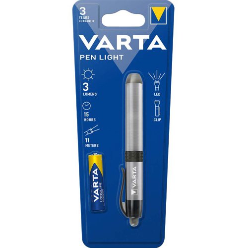 VR67804 | The Varta Pen Light is a compact and convenient gadget for application in hospitals, nursing homes, doctor's offices, and retirement homes. The diagnostic pen light is ideal for medical staff, doctors, medical specialists or ambulances. With its clip the light can be transported easily in the chest pocket of a shirt. It is also an ideal companion in the garage, shed, garden or construction site as well as for mechanics or craftsmen.