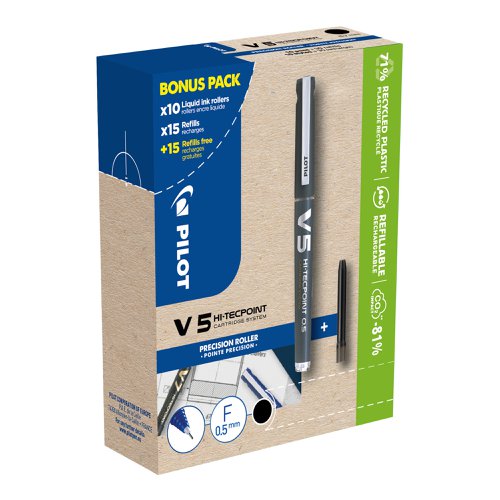 Pilot V5 Hi-Tecpoint Liquid Ink Rollerball Pen 0.5mm Tip 0.3mm Line Black Greenpack (Pack 10 + 30 Refills)  - 3131910556237