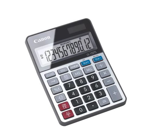 The Canon LS-122TS Desktop Calculator features a 12 digit large LCD display with functions such as tax calculations, cost-sell margin and constant calculation. The LS-122TS is solar and battery powered. It also includes a replaceable battery for added convenience.
