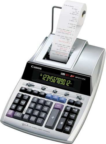 The Canon MP1211-LTSC 12 Digit Printing Calculator benefits from full tax, business and currency conversion functions. It features 2 colour ink ribbon printing, a large 2 colour display and a smart, silver metallic finish. The calculator is ideal for heavy-duty, professional office use. A productive print speed of 4.3 lines per second speeds up your workflow. 2-colour printing ensures positive figures stand out clearly in black and negative in red.