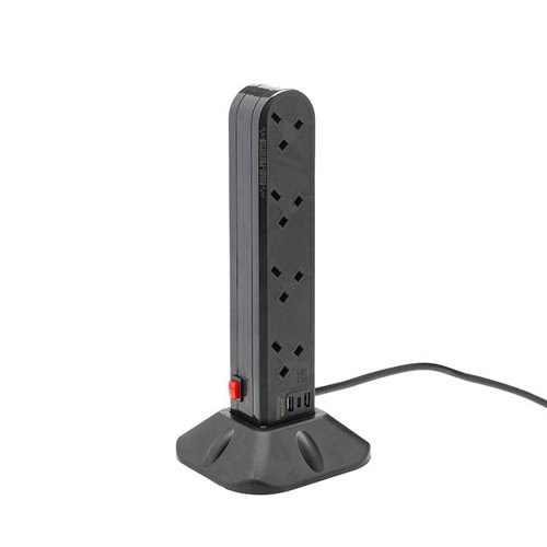 2m 8 Way Surge Protected UK Socket Tower Block with USB Type A and C Ports 27-8020S/USB