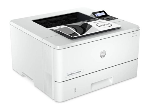 HP LaserJet Pro 4002dw Printer, black and white. Printer for small medium businesses. Print, two-sided printing; Fast first page out speeds; Compact Size; Energy Efficient; Strong Security; Dual band Wi-Fi: Maximum productivity. Seamless management. Get blazing fast printing speeds and easy management tools with LaserJet Pro. Dynamic security enabled printer Certain HP printers are intended to work only with cartridges that have a new or reused HP chip or electronic circuitry. These printers use dynamic security measures to block cartridges using a non-HP chip or electronic circuitry. Periodic firmware updates will maintain the effectiveness of these measures and block cartridges that previously worked. Reused HP chips and electronic circuitry enable the use of reused, remanufactured, and refilled cartridges. 256M memory. Mobile printing capability; HP Smart App, Apple AirPrint, Mopria Certified and Wi-Fi Direct printing. Controlled via 2 line back lit LCD graphic display. Connectivity via: 1 Hi-Speed USB 2.0, 1 host USB (rear), Gigabit Ethernet 10/100/1000BASE-T network, Wi-Fi radio and Bluetooth. Two paper input trays. Ideal for offices with teams of up to 10 users (4,000 pages/month).