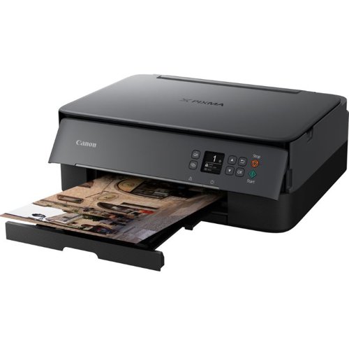 This Canon PIXMA TS5350i 3-In-One can print, copy and scan, with a contemporary 2-tone design with an LED status bar, making it an ideal match for modern creatives. Let loose your ambitions and get designing with Easy-PhotoPrint Editor, or try paper crafts from Creative Park. Features a print speed of up to 13.0 ipm (mono) and 4.4 ipm (colour) with a 4800 x 1200 dpi print resolution. A copy speed of approx. 20 sec (sFCOT). Copy zoom 25 - 400%. Multiple copy of 99 copies max. The CIS flatbed colour scanner provides an optical resolution of up to 1200 x 2400 dpi. Can scan documents up to 216 x 297mm. With a scanning depth (input/output) colour RGB each 16bit/8bit and Greyscale 16bit/8bit. Connectivity interface: Hi-Speed USB (B Port), Wi-Fi IEEE802.11 b/g/n, Wi-Fi Security: WPA-PSK, WPA2-PSK, WEP, Administration password, Wireless LAN Frequency Band: 2.4GHz. Print applications and methods: Canon PRINT Inkjet/SELPHY app, Easy-PhotoPrint Editor app, Creative Park app, PIXMA Cloud Link, Canon Print Service Plugin (Android), Apple AirPrint, Wireless Direct, Access Point Mode, WLAN PictBridge, Mopria (Android). Load up the rear feed with a whole host of creative media, including iron-on transfers and double-sided matte paper, to turn your ideas into reality. Rear tray takes maximum of 20 sheets (photo paper) or 100 sheets (plain paper). Front tray takes up to maximum of 100 sheets (plain paper). Take control with your smartphone thanks to snappy wireless connectivity and print, scan and connect to your social media accounts via the Canon PRINT app - all it takes to get connected is the touch of a button thanks to Wireless Connect. For shareworthy snaps, take advantage of the FINE cartridges and ChromaLife100 ink system for vivid, long-lasting photos. This printer is compatible with the PIXMA Print Plan, a monthly subscription for inks based on pages printed. OLED (1.44 inch) display. Supplied with in-box FINE ink cartridges.